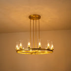 Lustre à 12 lumières en forme de roue de chariot, style moderne du milieu du siècle, en verre transparent, de couleur or/noir, grand modèle