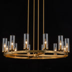 Lustre à 12 lumières en forme de roue de chariot, style moderne du milieu du siècle, en verre transparent, de couleur or/noir, grand modèle