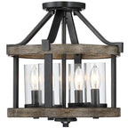 Plafonnier semi-encastré de style campagnard moderne à 4 lumières, 12,5 po, en fer naturel et imitation bois vieilli - 12,5 W