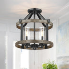 Plafonnier semi-encastré de style campagnard moderne à 4 lumières, 12,5 po, en fer naturel et imitation bois vieilli - 12,5 W