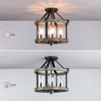 Plafonnier semi-encastré de style campagnard moderne à 4 lumières, 12,5 po, en fer naturel et imitation bois vieilli - 12,5 W