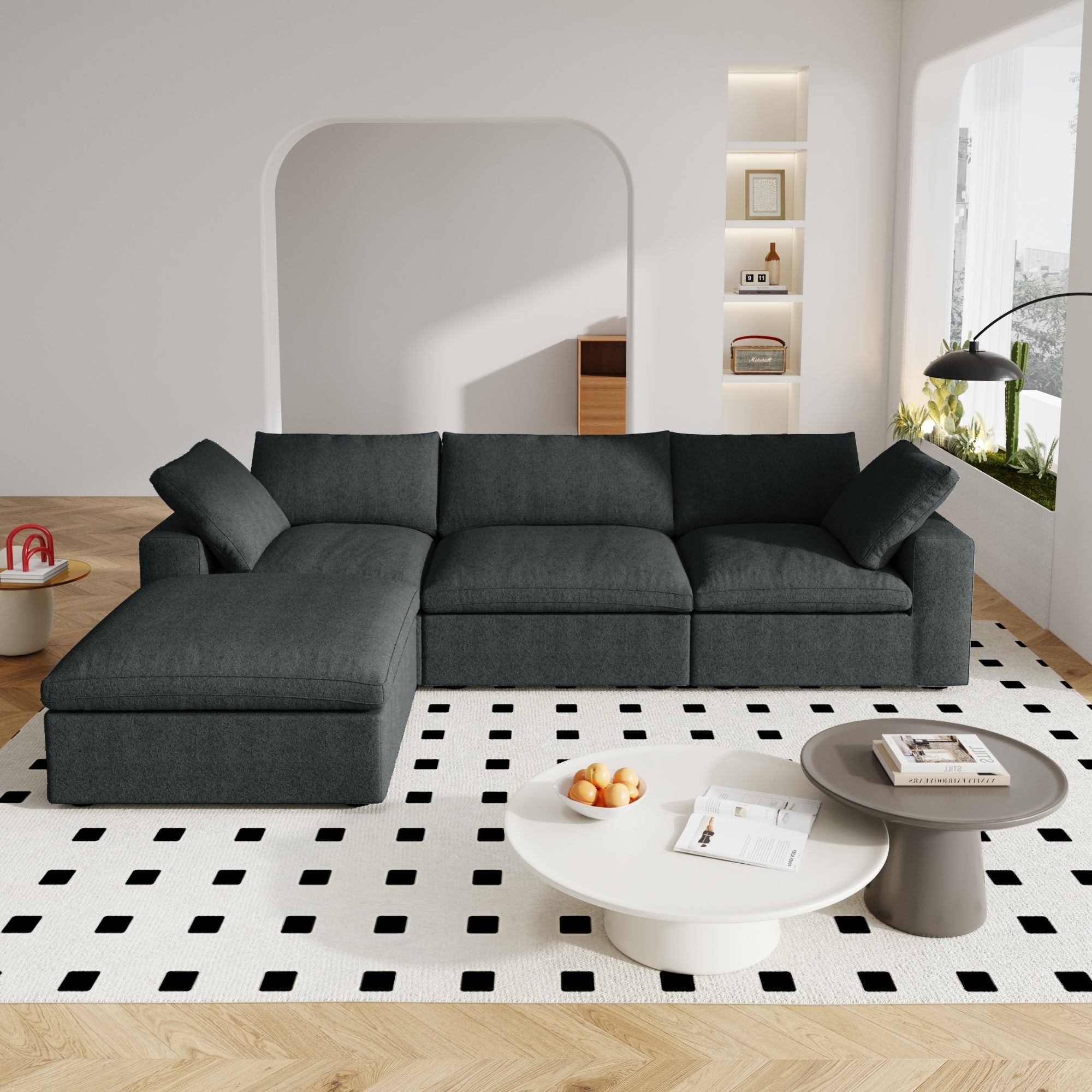 Canapé sectionnel moderne en forme de L de 120 pouces, canapé modulaire en lin avec pouf de rangement