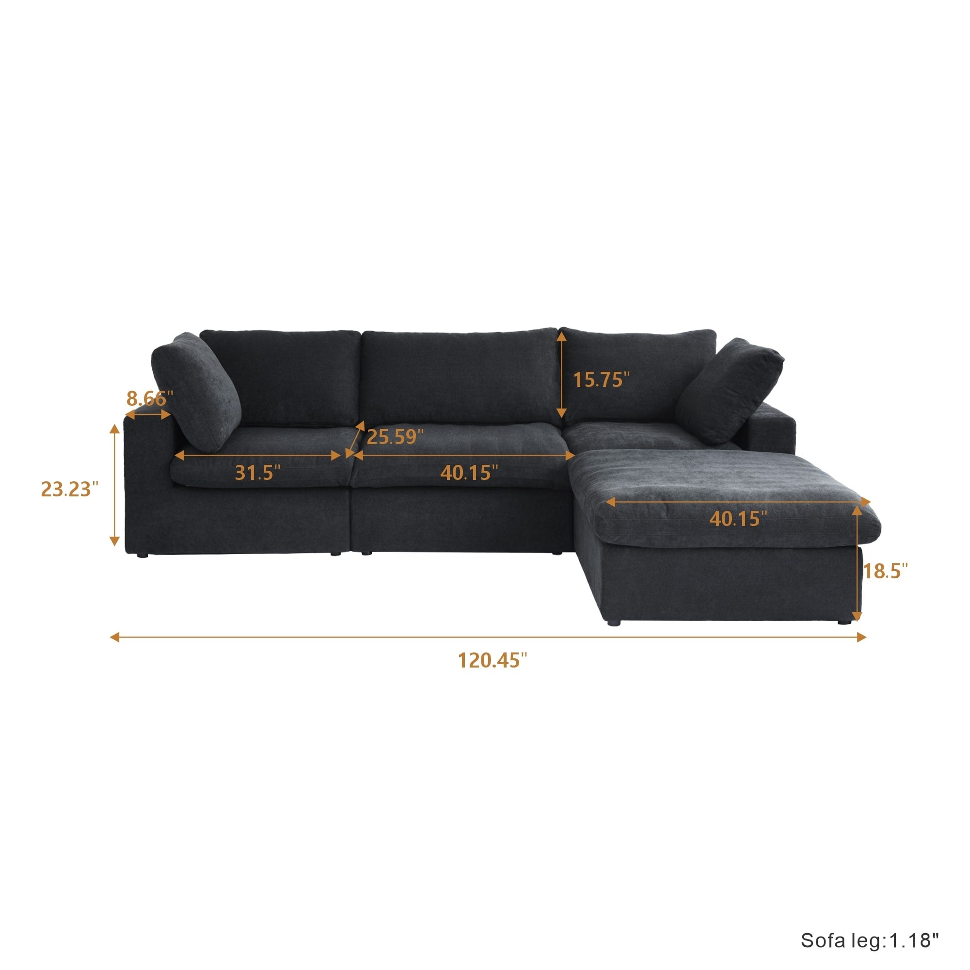 Canapé sectionnel moderne en forme de L de 120 pouces, canapé modulaire en lin avec pouf de rangement