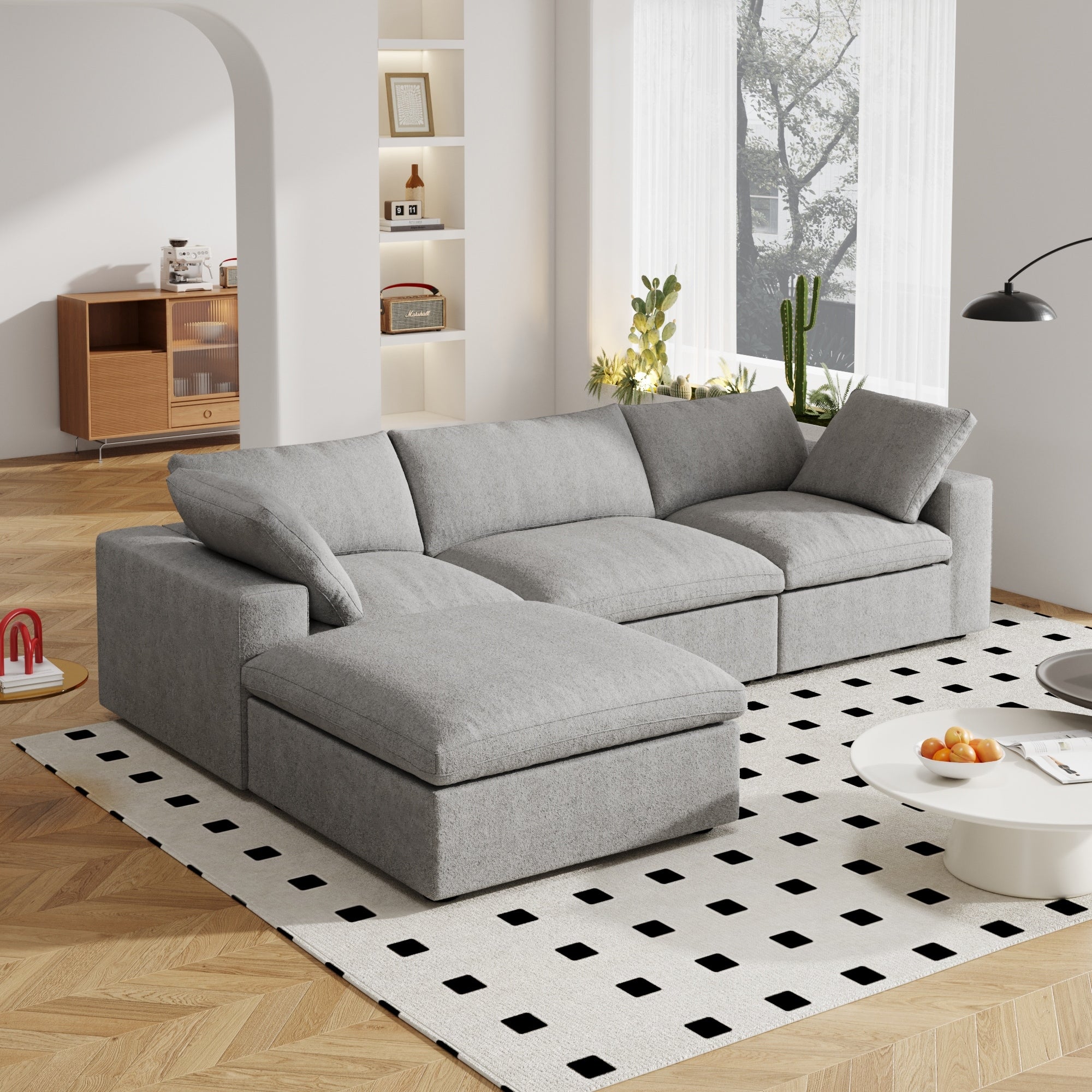 Canapé sectionnel moderne en forme de L de 120 pouces, canapé modulaire en lin avec pouf de rangement