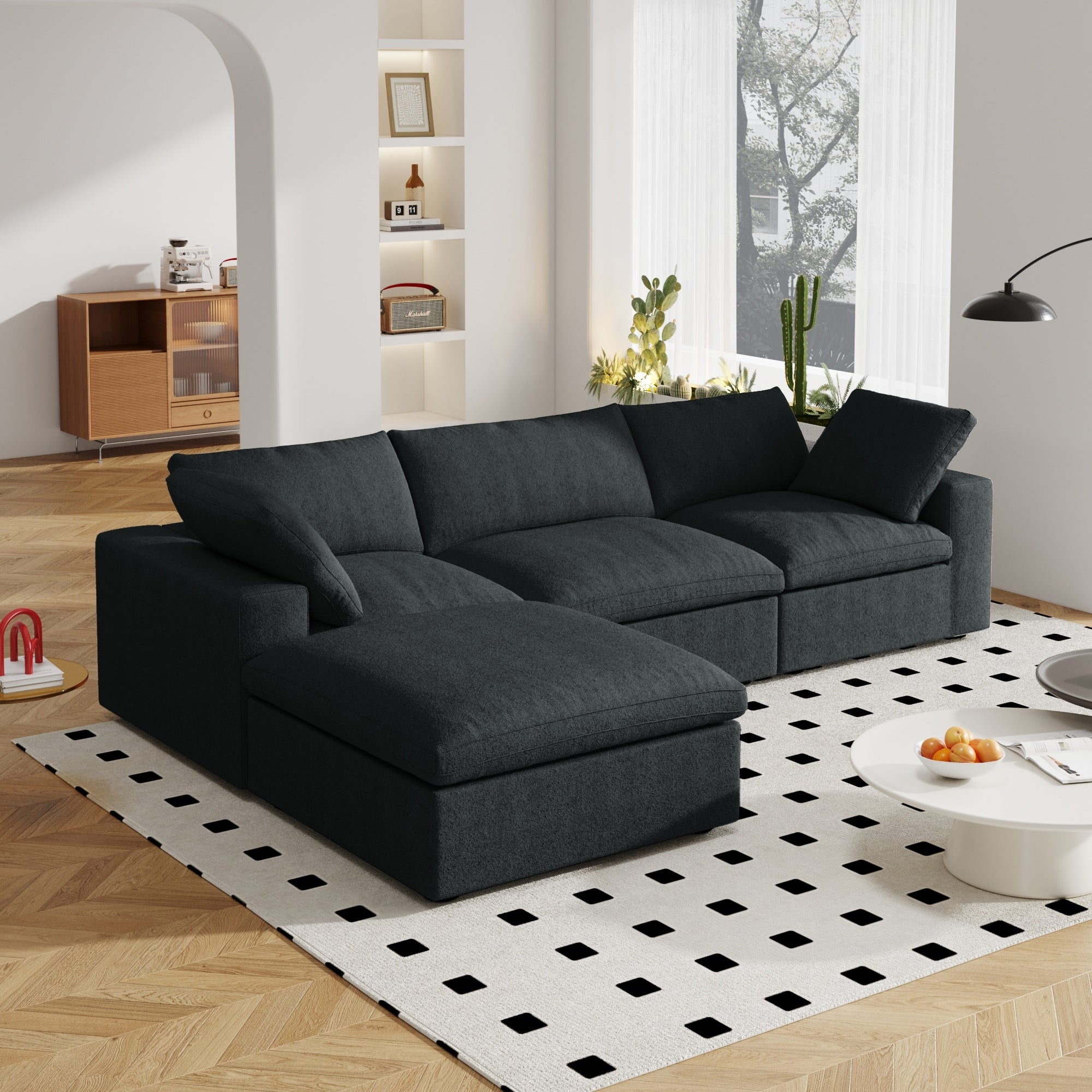 Canapé sectionnel moderne en forme de L de 120 pouces, canapé modulaire en lin avec pouf de rangement