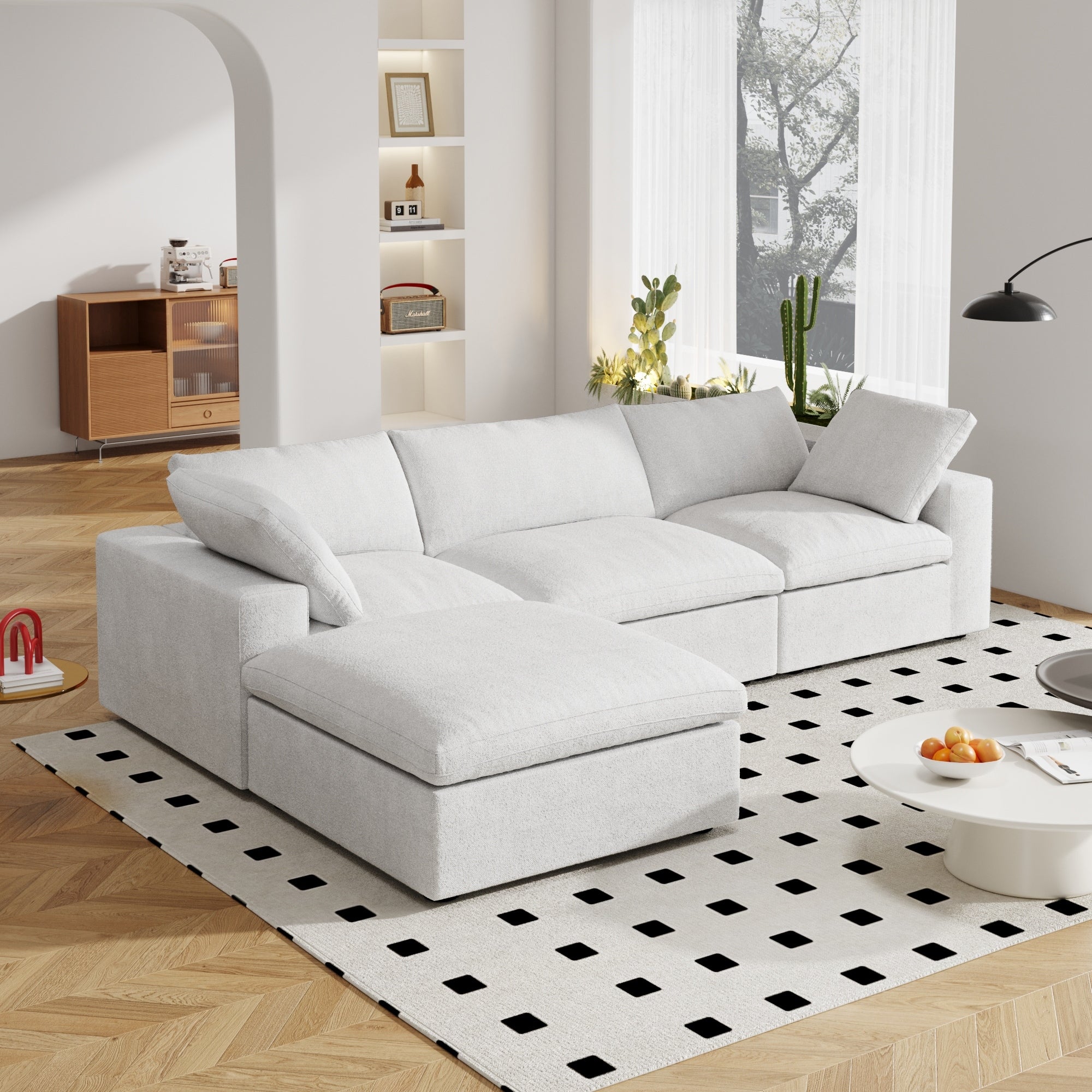 Canapé sectionnel moderne en forme de L de 120 pouces, canapé modulaire en lin avec pouf de rangement