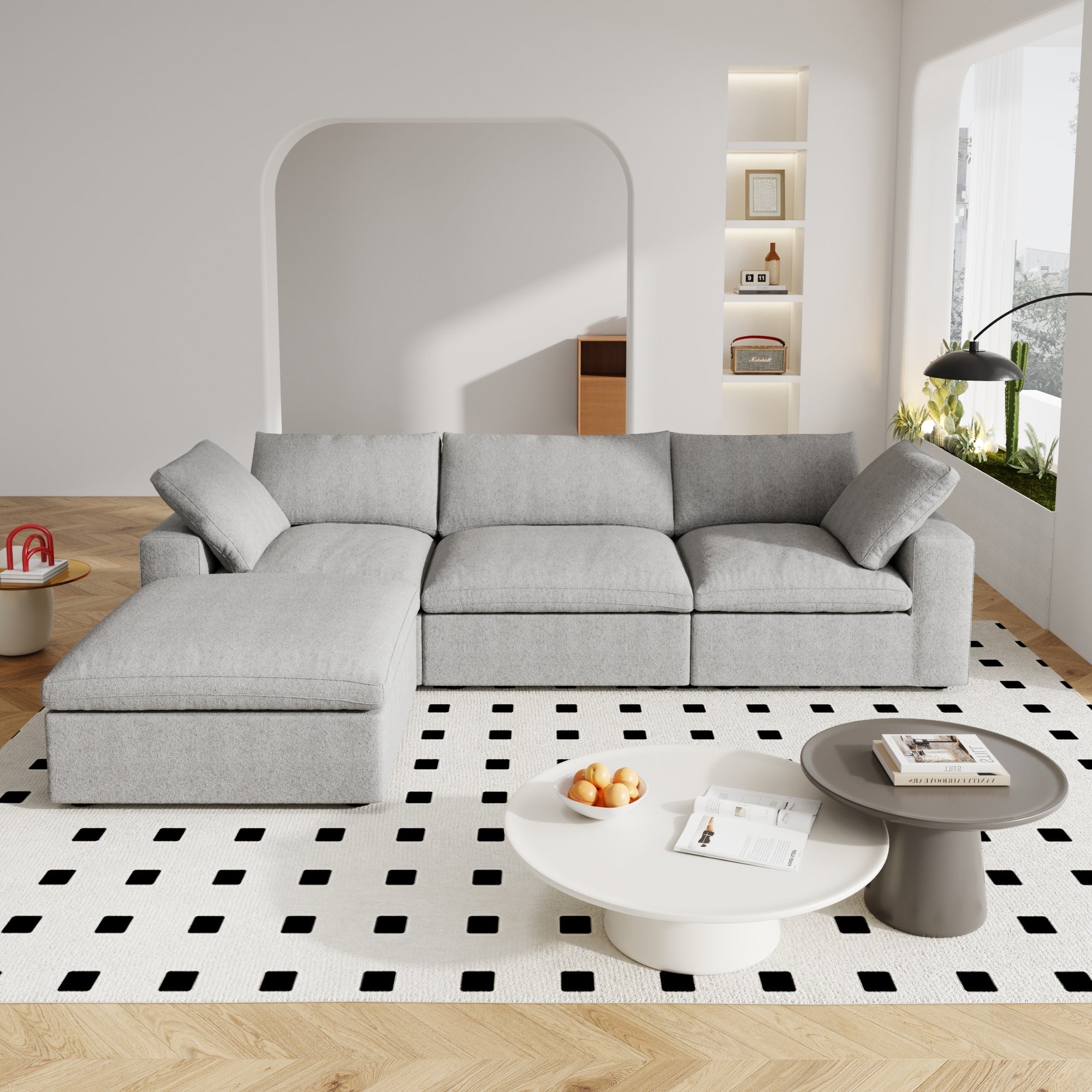 Canapé sectionnel moderne en forme de L de 120 pouces, canapé modulaire en lin avec pouf de rangement