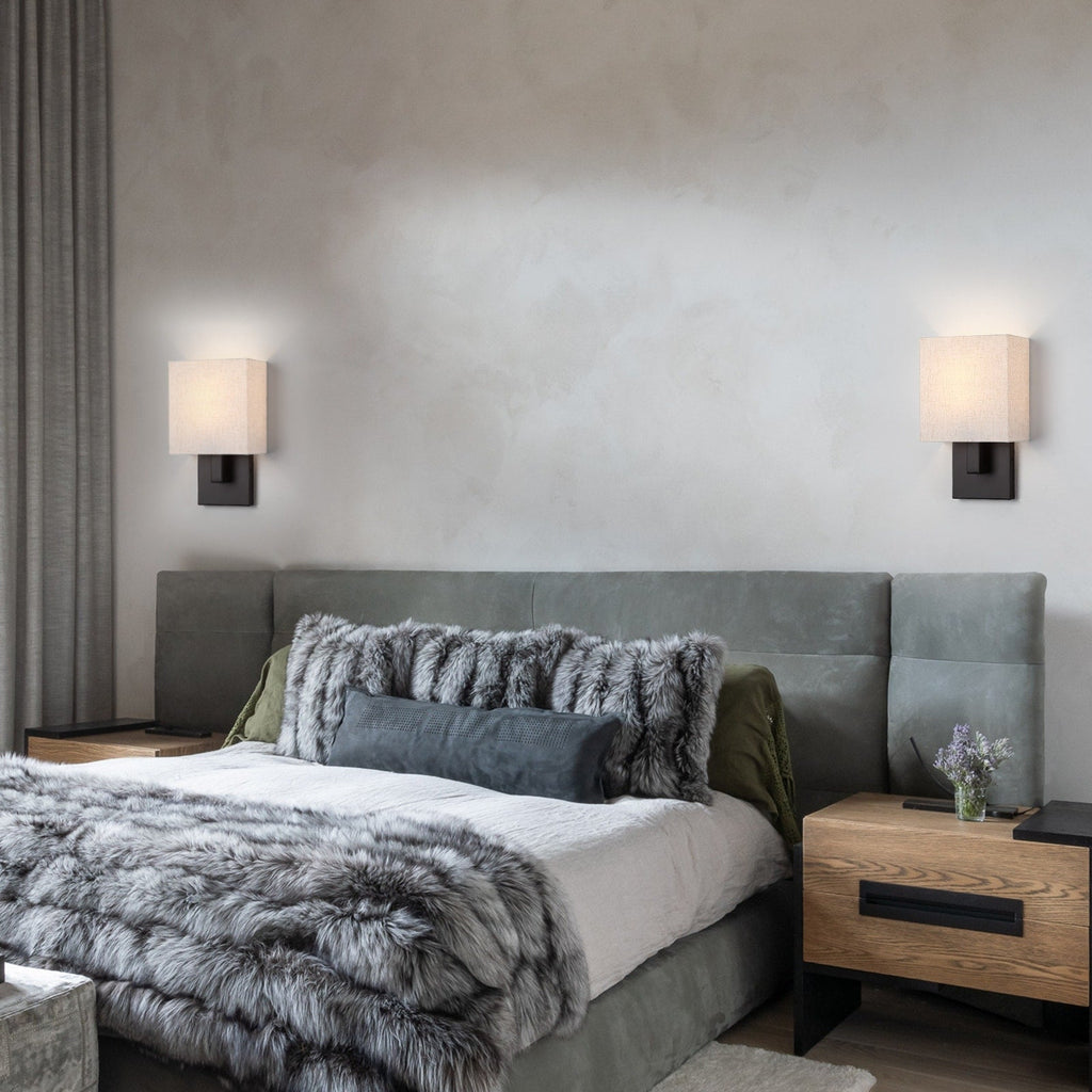 Applique murale bronze foncé de 30 cm de hauteur avec abat-jour en tissu avoine