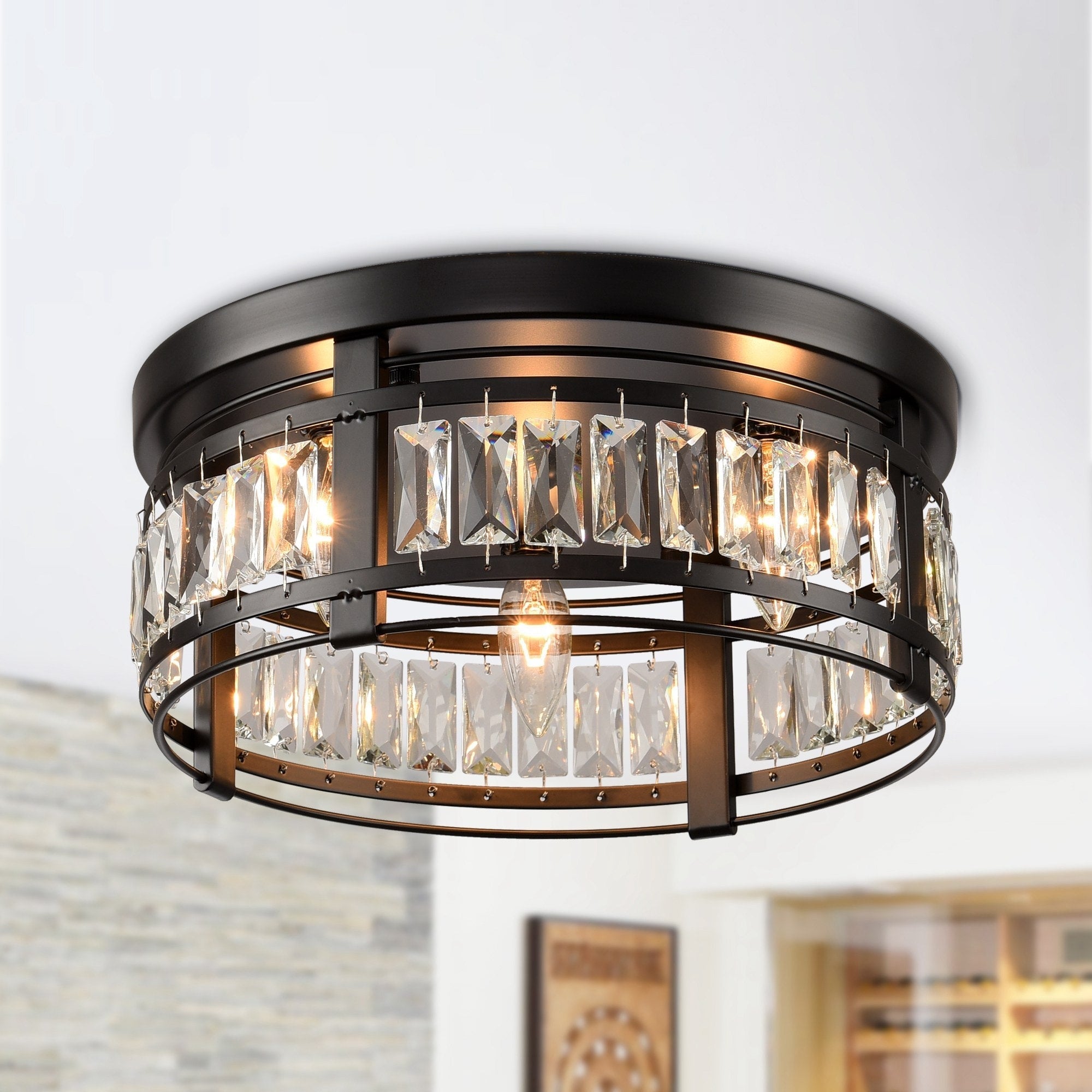 Lustre encastré moderne en cristal noir à 3 lumières pour couloir