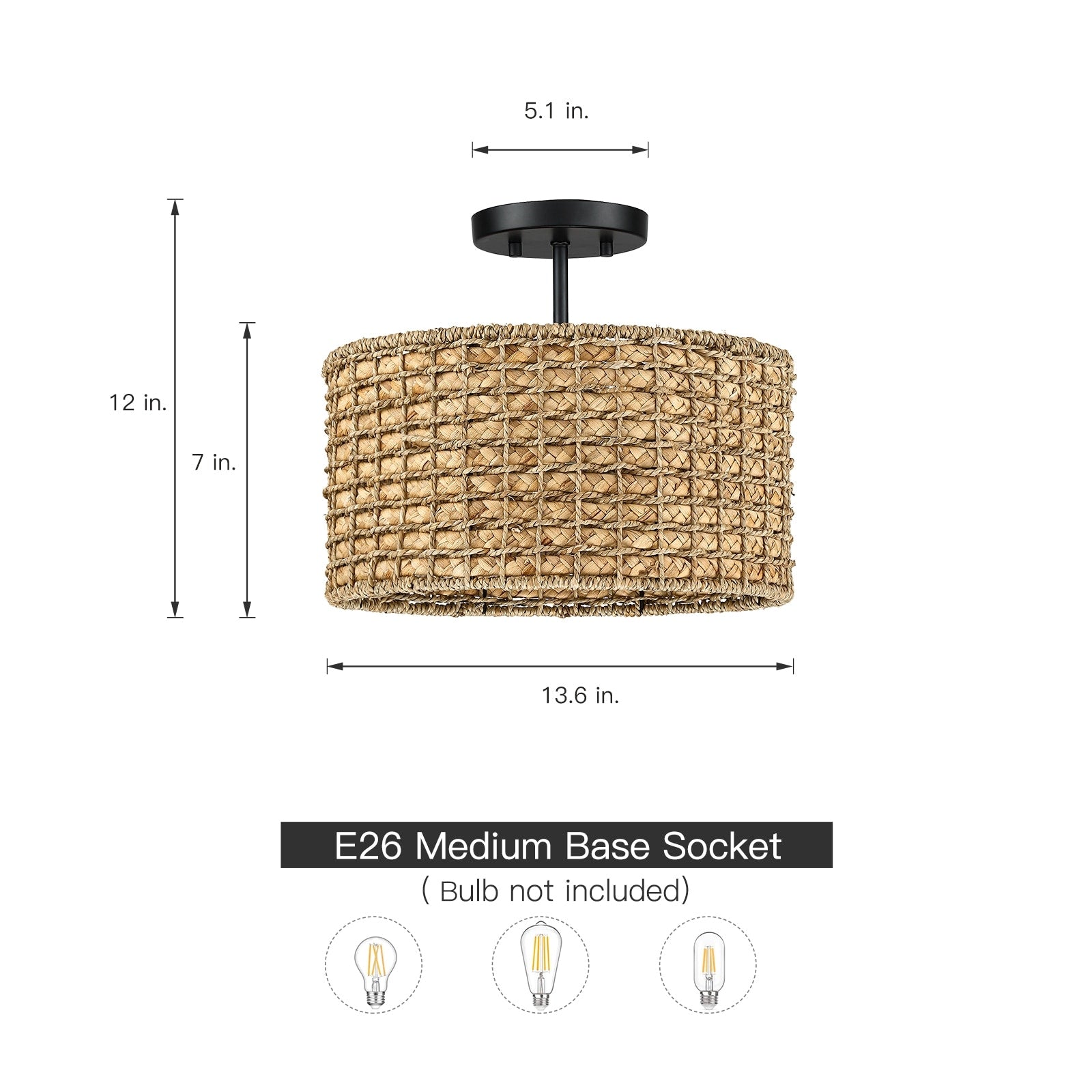 Plafonnier semi-encastré à 2 lumières en rotin naturel avec auvent noir - Noir/terreux - Noir/paille - 34,5 cm de largeur