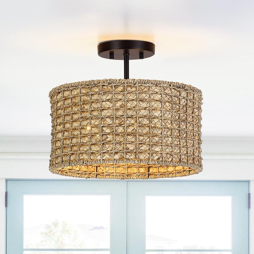 Plafonnier semi-encastré à 2 lumières en rotin naturel avec auvent noir - Noir/terreux - Noir/paille - 34,5 cm de largeur