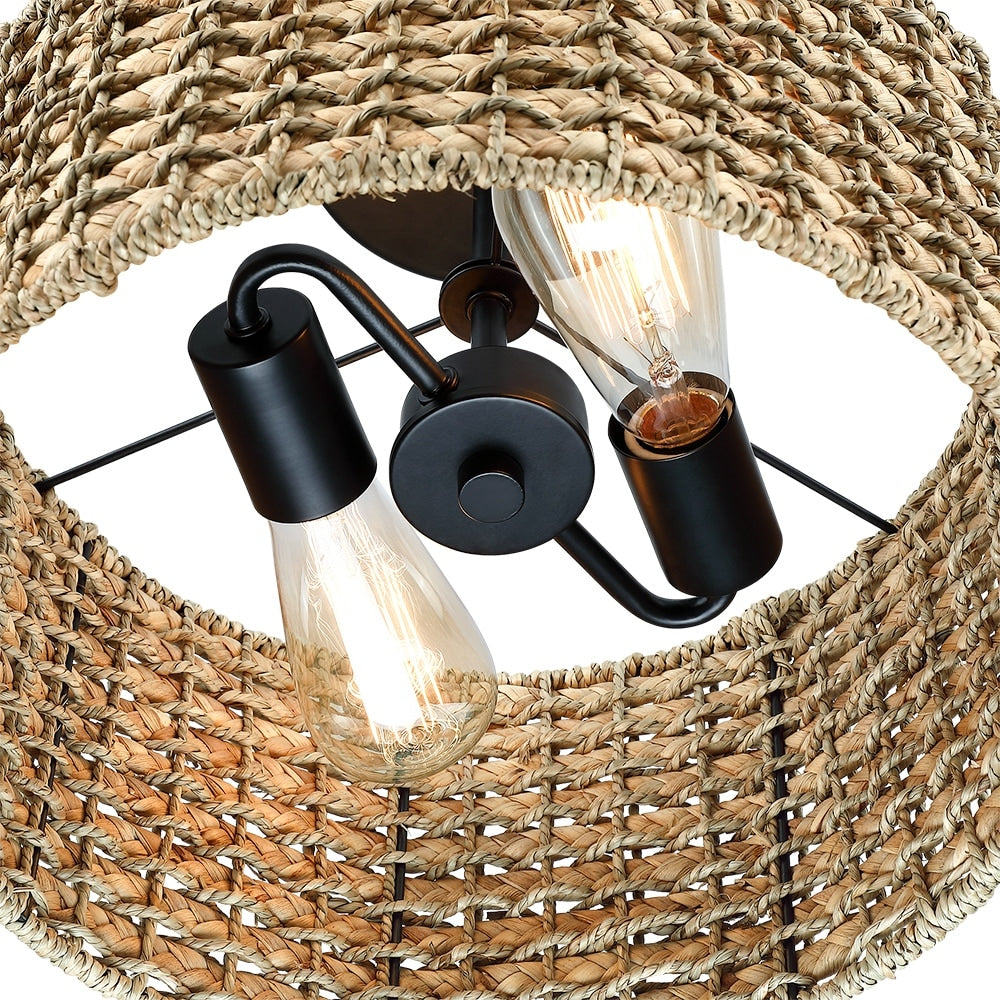 Plafonnier semi-encastré à 2 lumières en rotin naturel avec auvent noir - Noir/terreux - Noir/paille - 34,5 cm de largeur