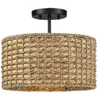 Plafonnier semi-encastré à 2 lumières en rotin naturel avec auvent noir - Noir/terreux - Noir/paille - 34,5 cm de largeur