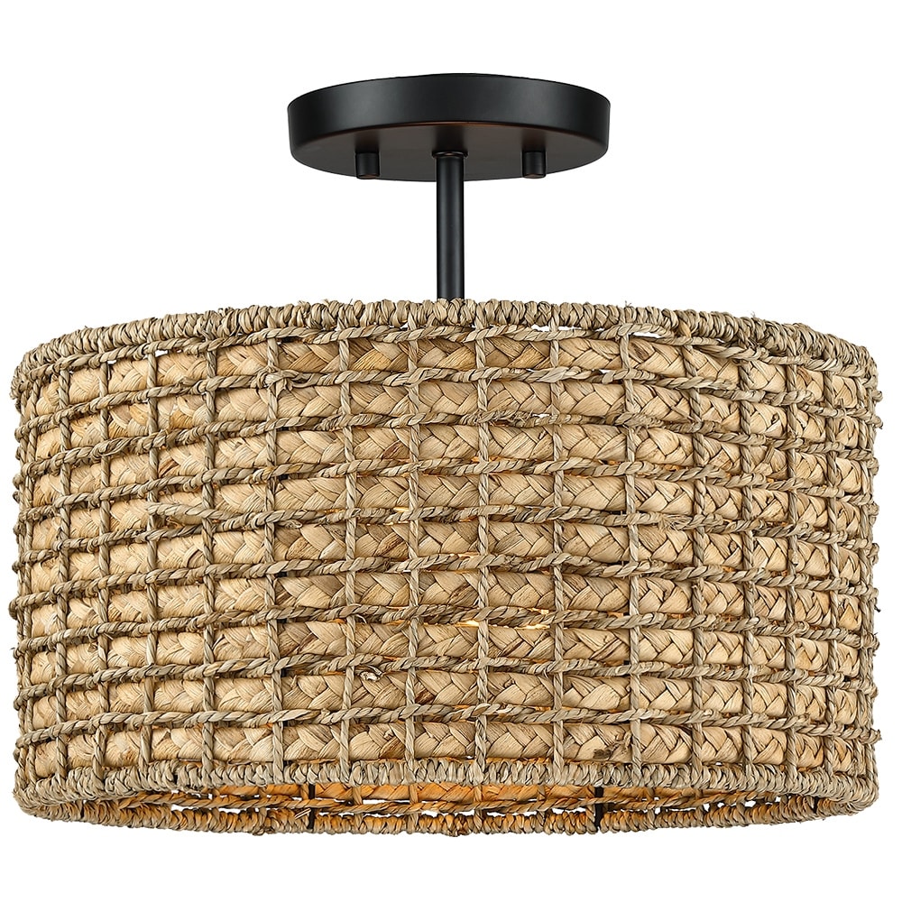 Plafonnier semi-encastré à 2 lumières en rotin naturel avec auvent noir - Noir/terreux - Noir/paille - 34,5 cm de largeur