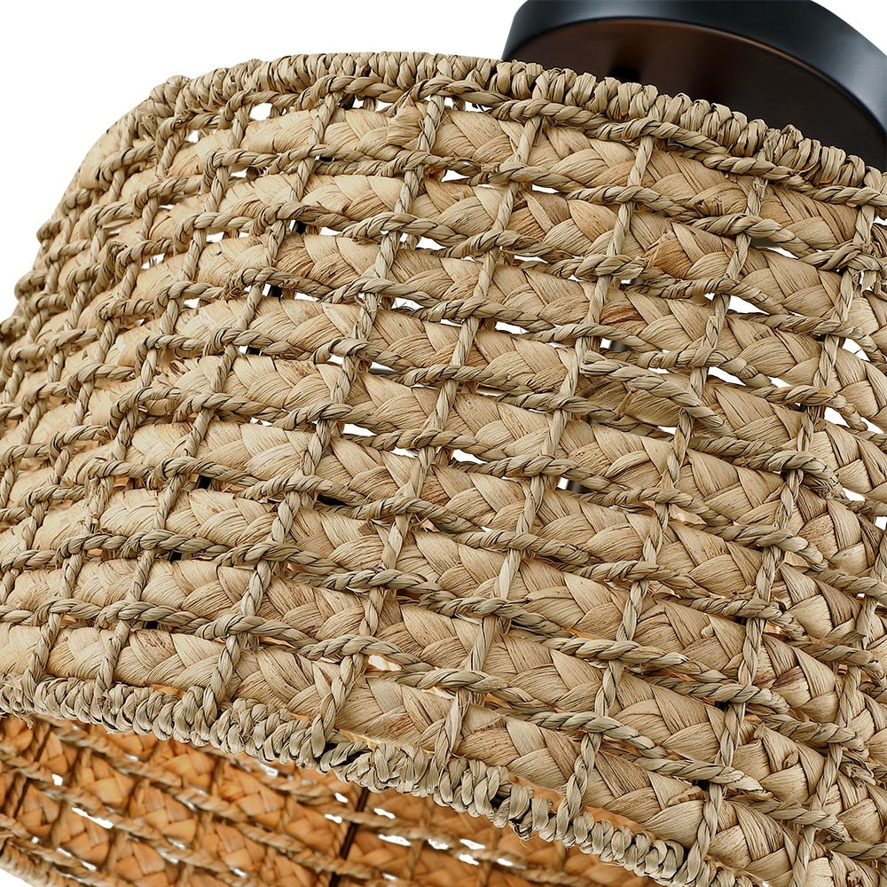 Plafonnier semi-encastré à 2 lumières en rotin naturel avec auvent noir - Noir/terreux - Noir/paille - 34,5 cm de largeur