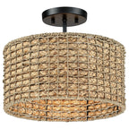 Plafonnier semi-encastré à 2 lumières en rotin naturel avec auvent noir - Noir/terreux - Noir/paille - 34,5 cm de largeur
