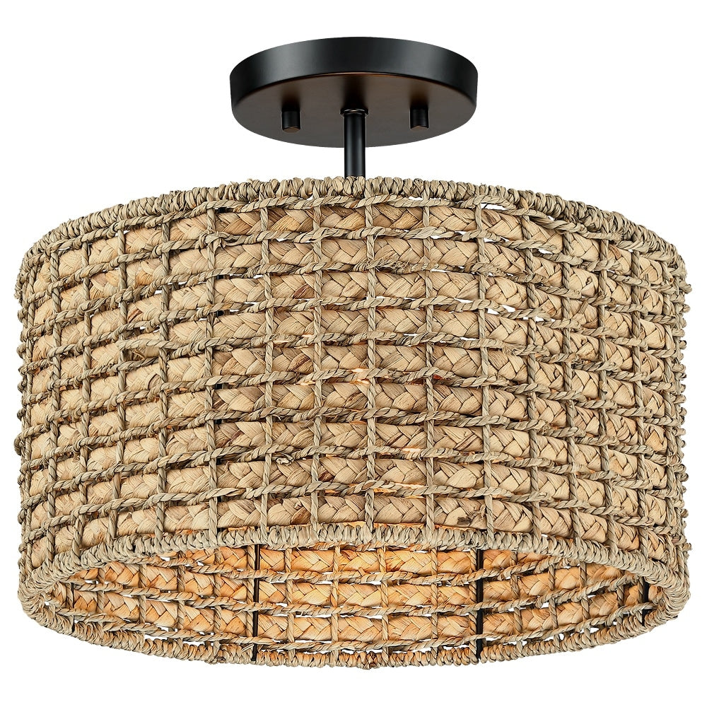 Plafonnier semi-encastré à 2 lumières en rotin naturel avec auvent noir - Noir/terreux - Noir/paille - 34,5 cm de largeur