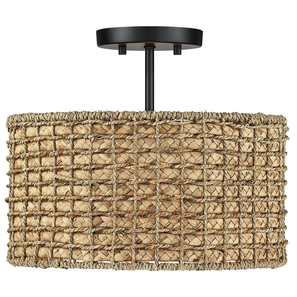 Plafonnier semi-encastré à 2 lumières en rotin naturel avec auvent noir - Noir/terreux - Noir/paille - 34,5 cm de largeur