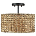 Plafonnier semi-encastré à 2 lumières en rotin naturel avec auvent noir - Noir/terreux - Noir/paille - 34,5 cm de largeur