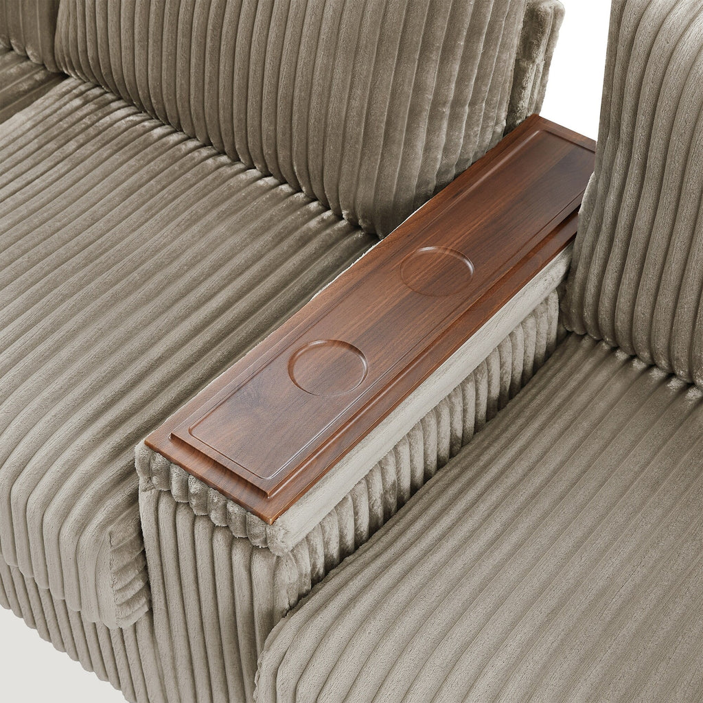 Canapé 4 places en velours côtelé avec ports USB, porte-gobelets rabattables et rangement dissimulé