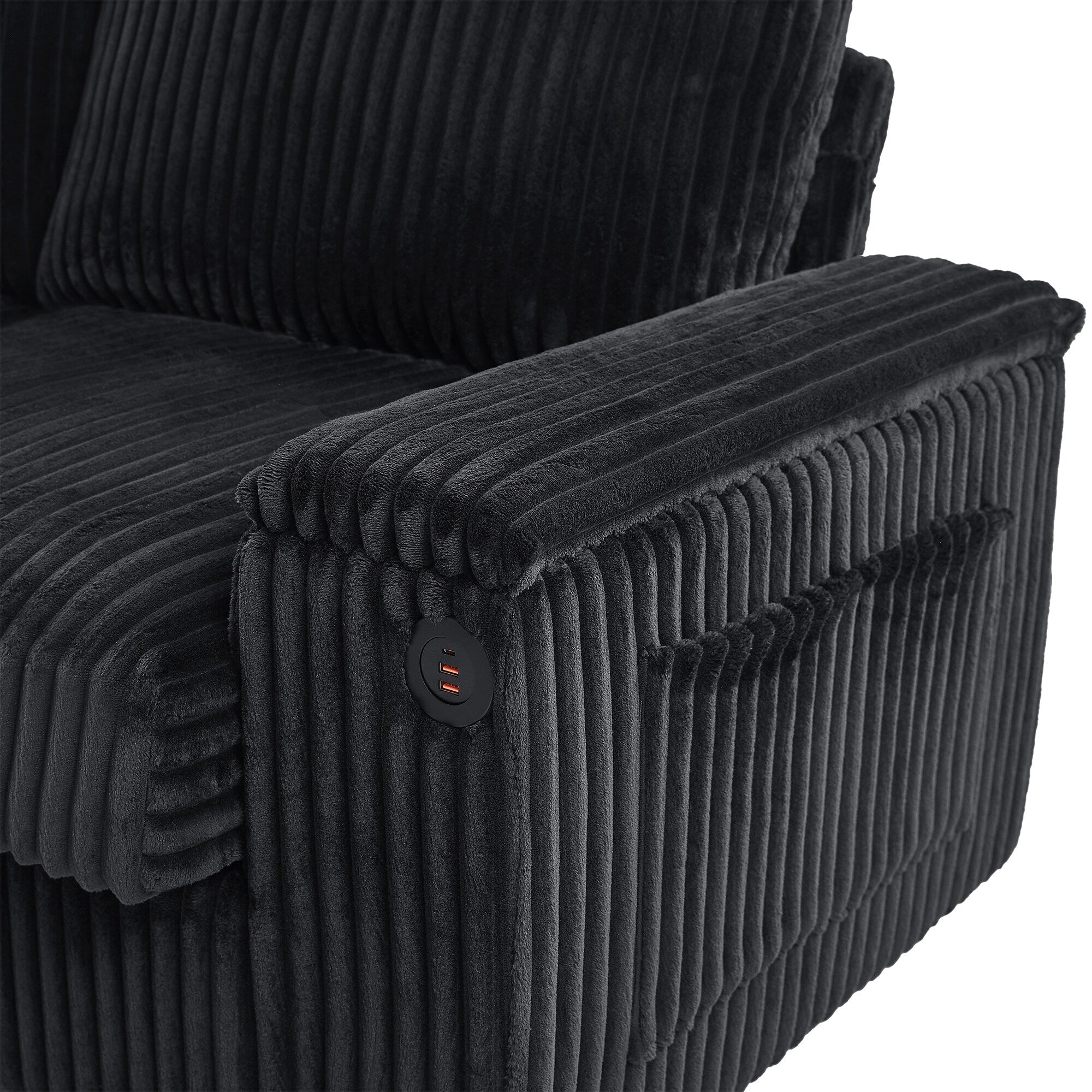 Canapé 4 places en velours côtelé avec ports USB, porte-gobelets rabattables et rangement dissimulé