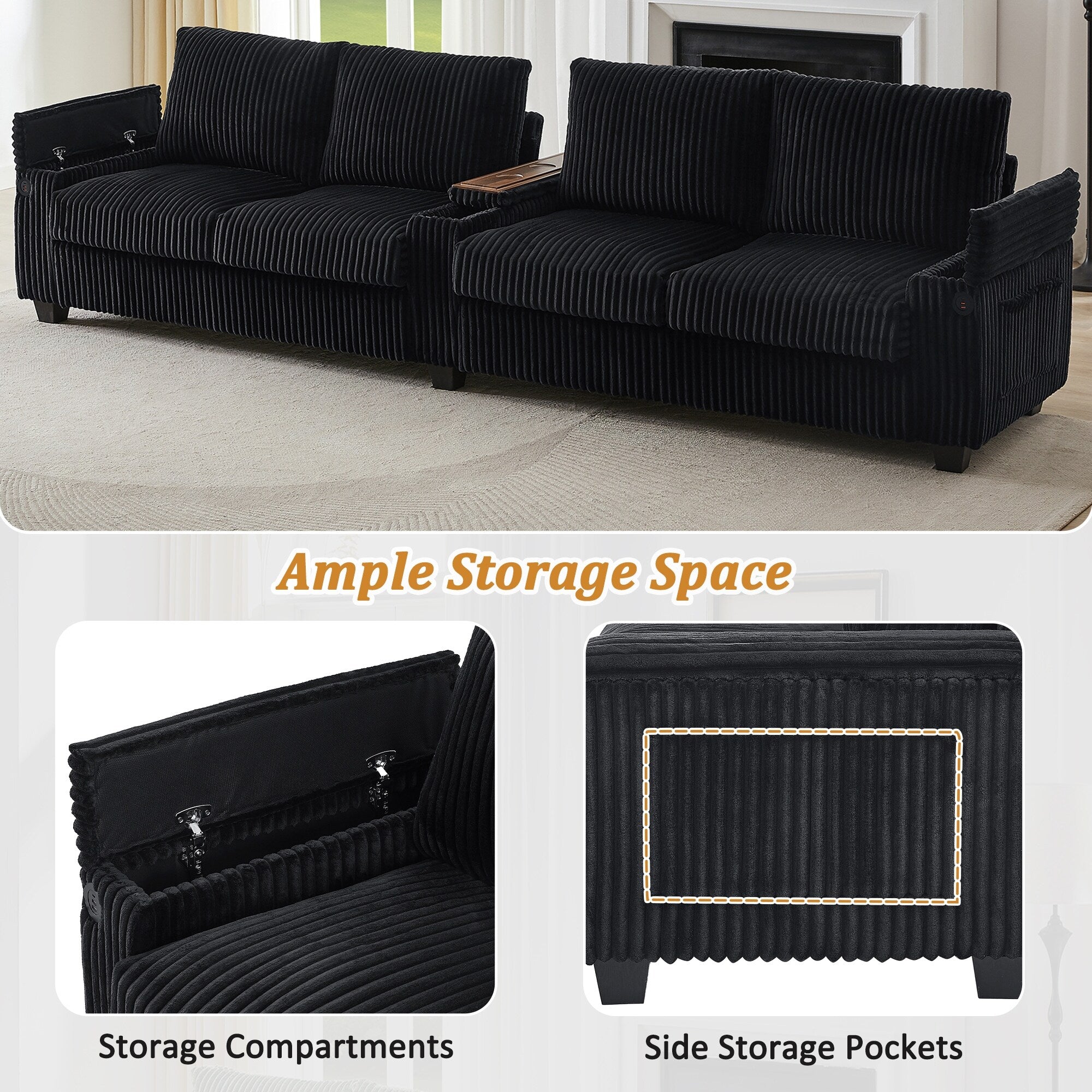 Canapé 4 places en velours côtelé avec ports USB, porte-gobelets rabattables et rangement dissimulé