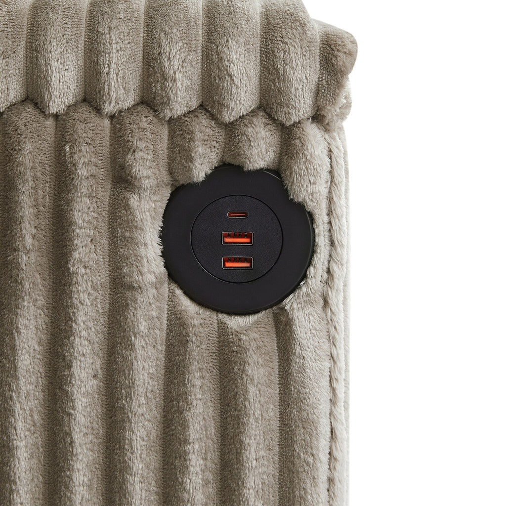 Canapé 4 places en velours côtelé avec ports USB, porte-gobelets rabattables et rangement dissimulé
