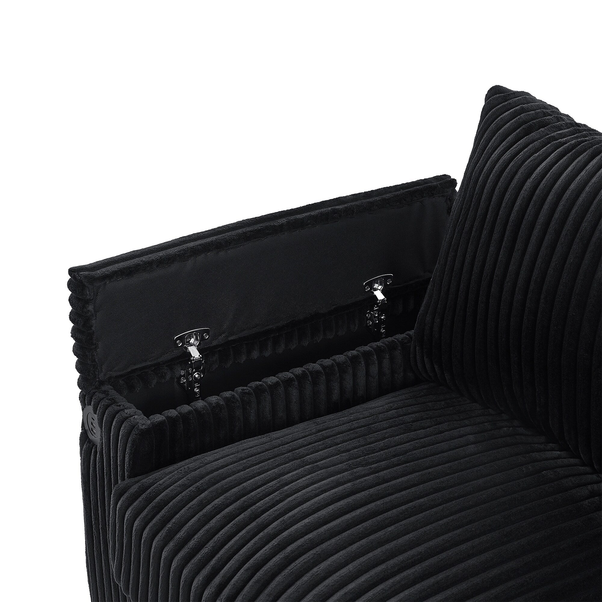 Canapé 4 places en velours côtelé avec ports USB, porte-gobelets rabattables et rangement dissimulé