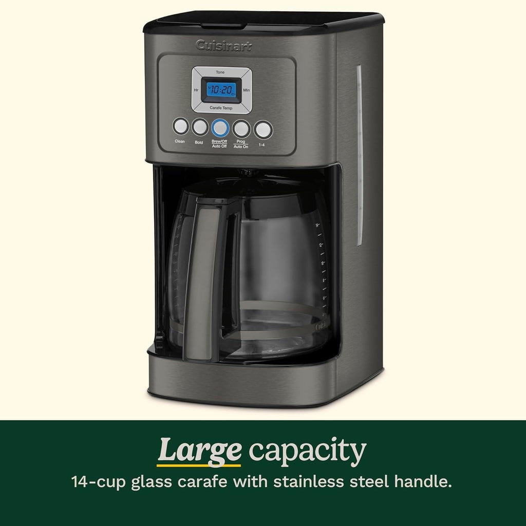 Cafetière programmable 14 tasses, carafe en verre, réglage de l'intensité de l'infusion, réglage de 1 à 4 tasses, acier inoxydable noir
