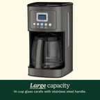 Cafetière programmable 14 tasses, carafe en verre, réglage de l'intensité de l'infusion, réglage de 1 à 4 tasses, acier inoxydable noir