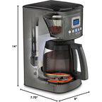 Cafetière programmable 14 tasses, carafe en verre, réglage de l'intensité de l'infusion, réglage de 1 à 4 tasses, acier inoxydable noir