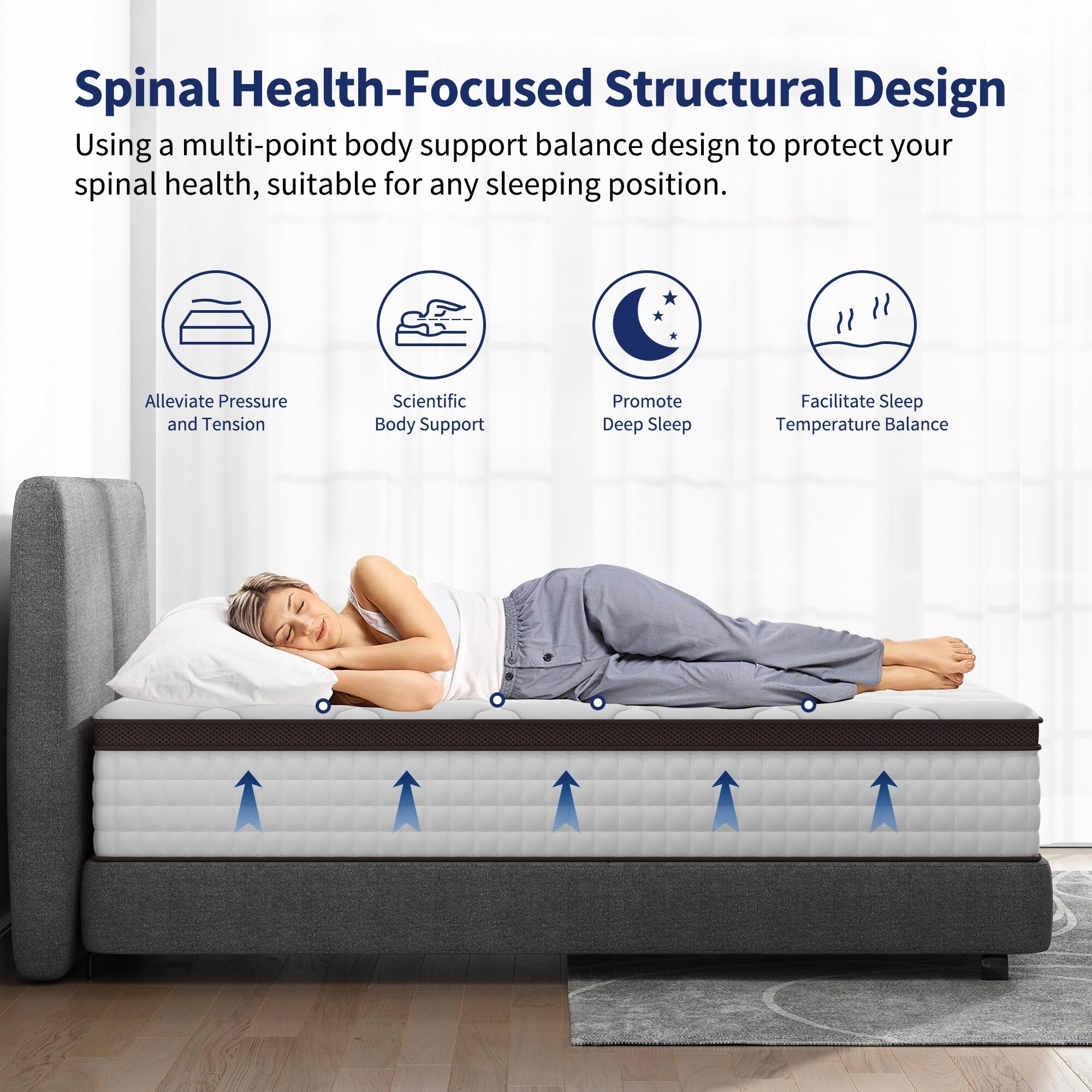 Matelas hybride 14 pouces, mousse à mémoire de forme et ressorts ensachés, fermeté moyenne, tailles Queen et King en option