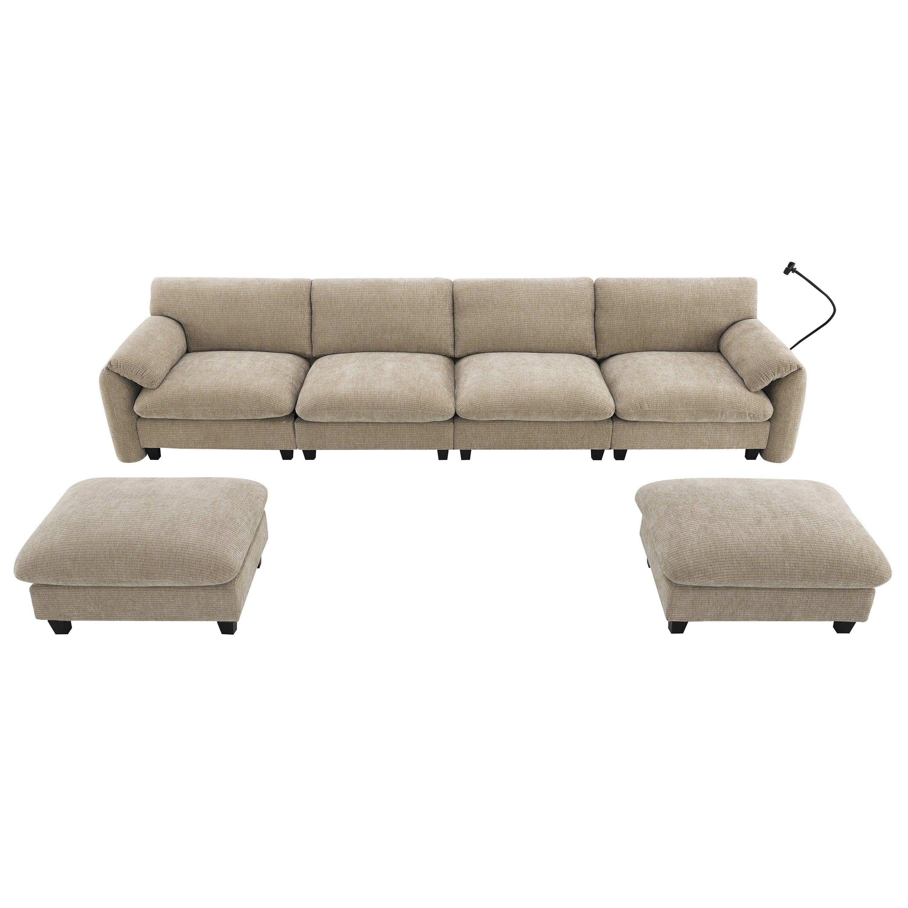 Canapé sectionnel en chenille de 140 pouces avec ports de chargement USB et Type-C, supports pour téléphone, poches de rangement latérales et poufs mobiles