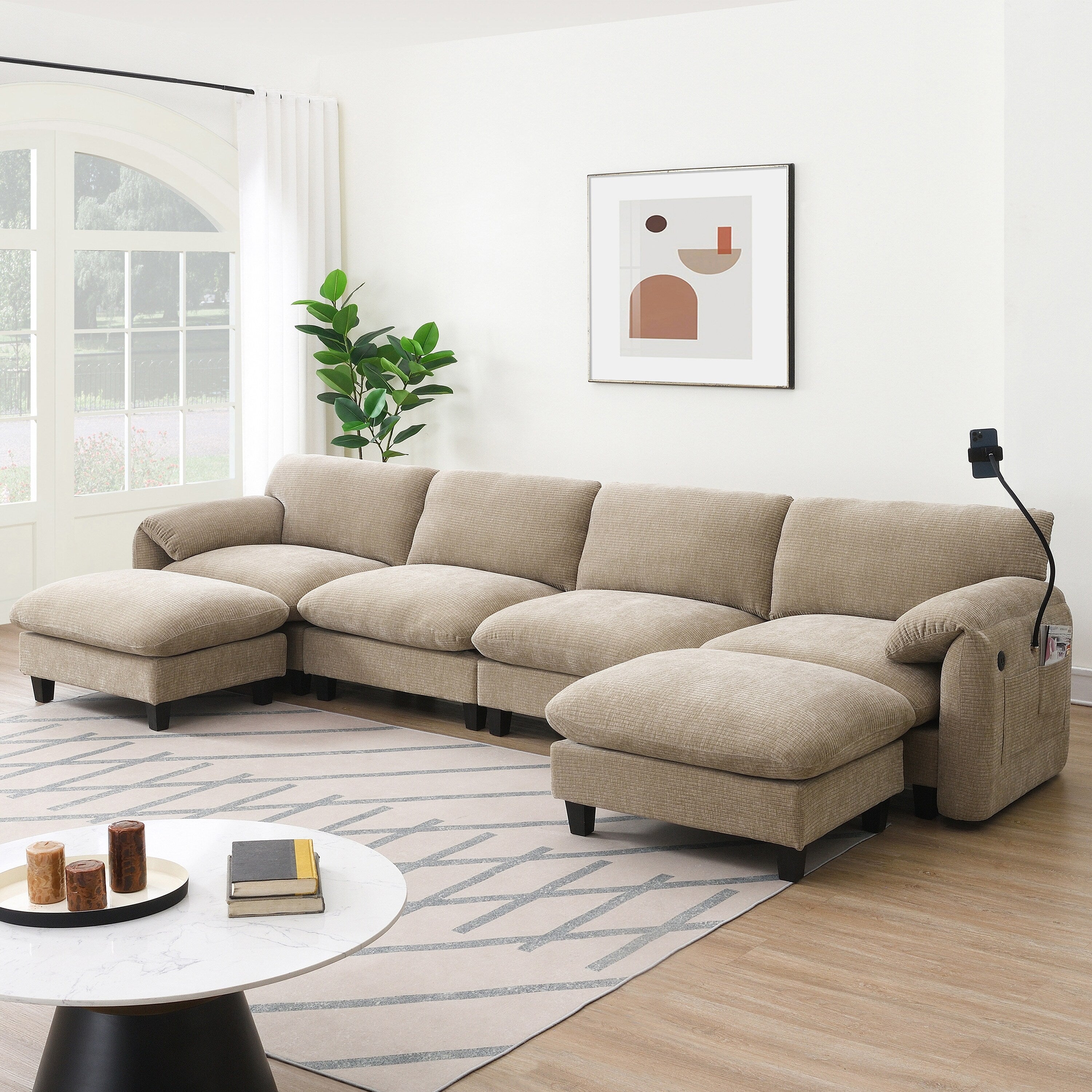 Canapé sectionnel en chenille de 140 pouces avec ports de chargement USB et Type-C, supports pour téléphone, poches de rangement latérales et poufs mobiles