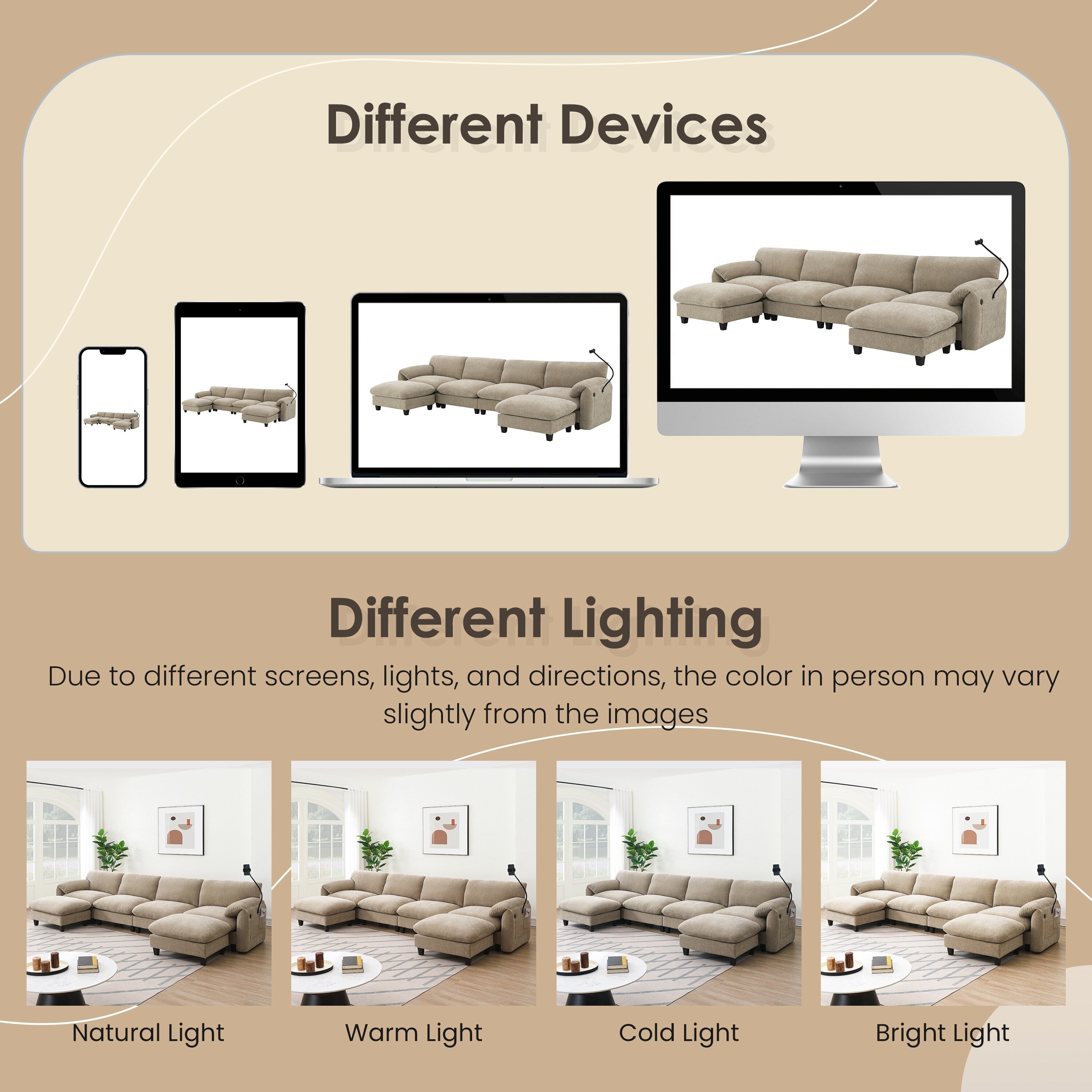 Canapé sectionnel en chenille de 140 pouces avec ports de chargement USB et Type-C, supports pour téléphone, poches de rangement latérales et poufs mobiles