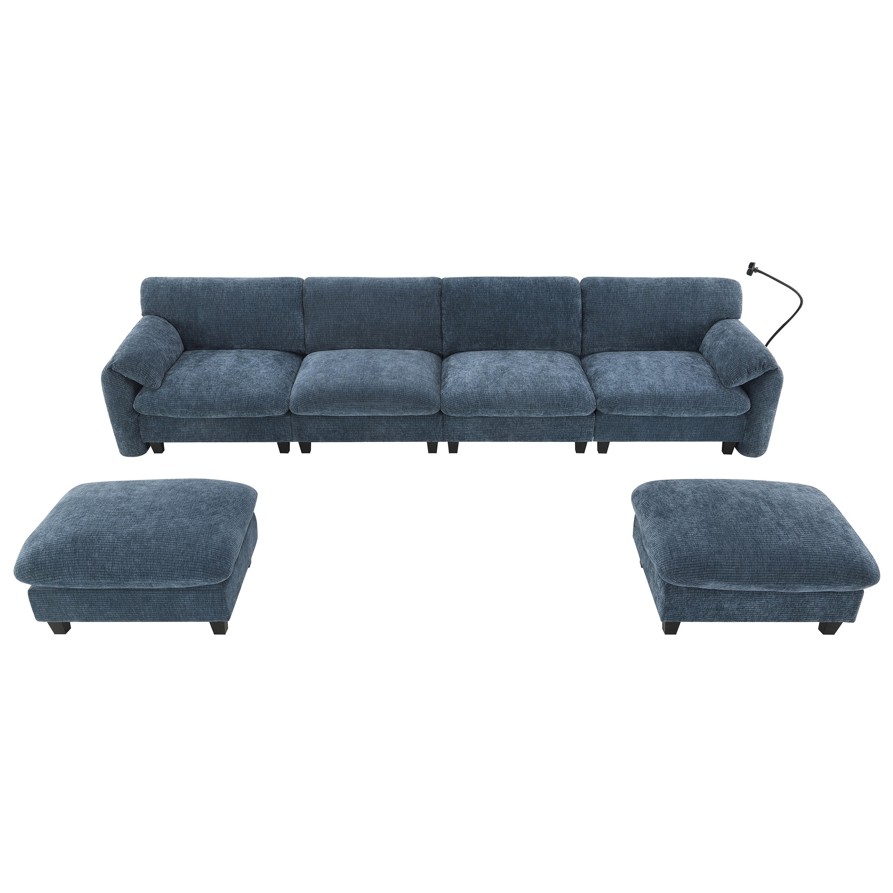 Canapé sectionnel en chenille de 140 pouces avec ports de chargement USB et Type-C, supports pour téléphone, poches de rangement latérales et poufs mobiles