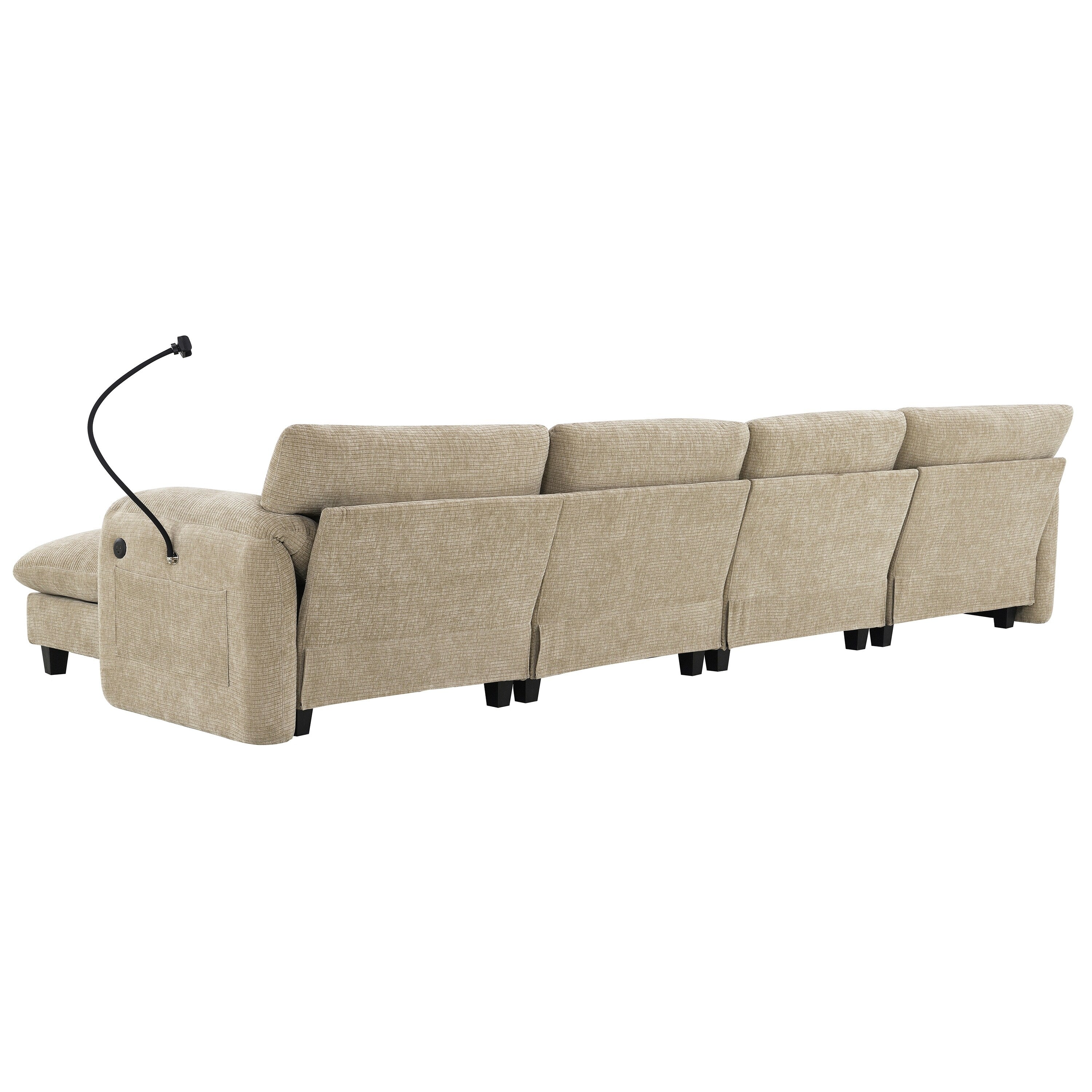 Canapé sectionnel en chenille de 140 pouces avec ports de chargement USB et Type-C, supports pour téléphone, poches de rangement latérales et poufs mobiles