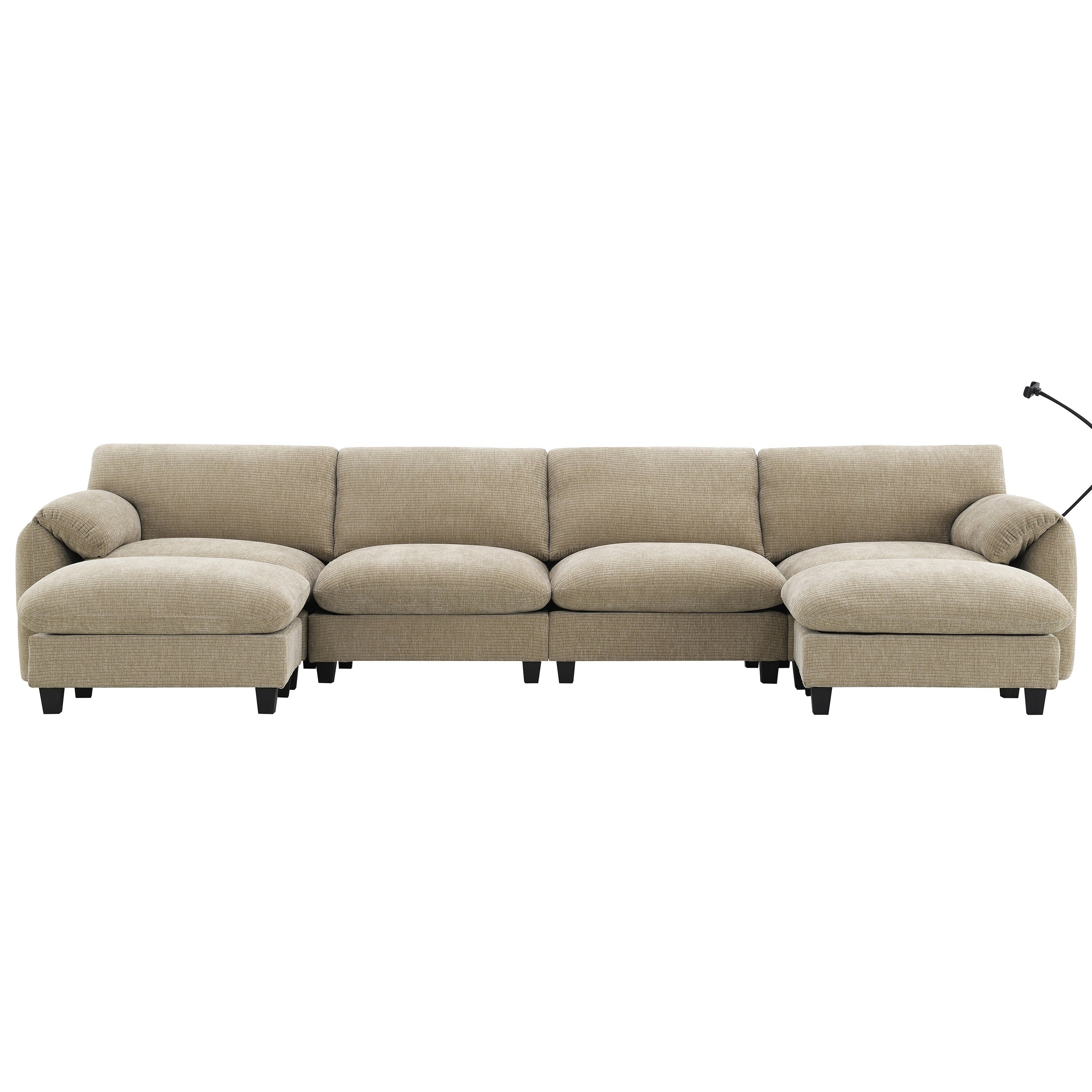 Canapé sectionnel en chenille de 140 pouces avec ports de chargement USB et Type-C, supports pour téléphone, poches de rangement latérales et poufs mobiles