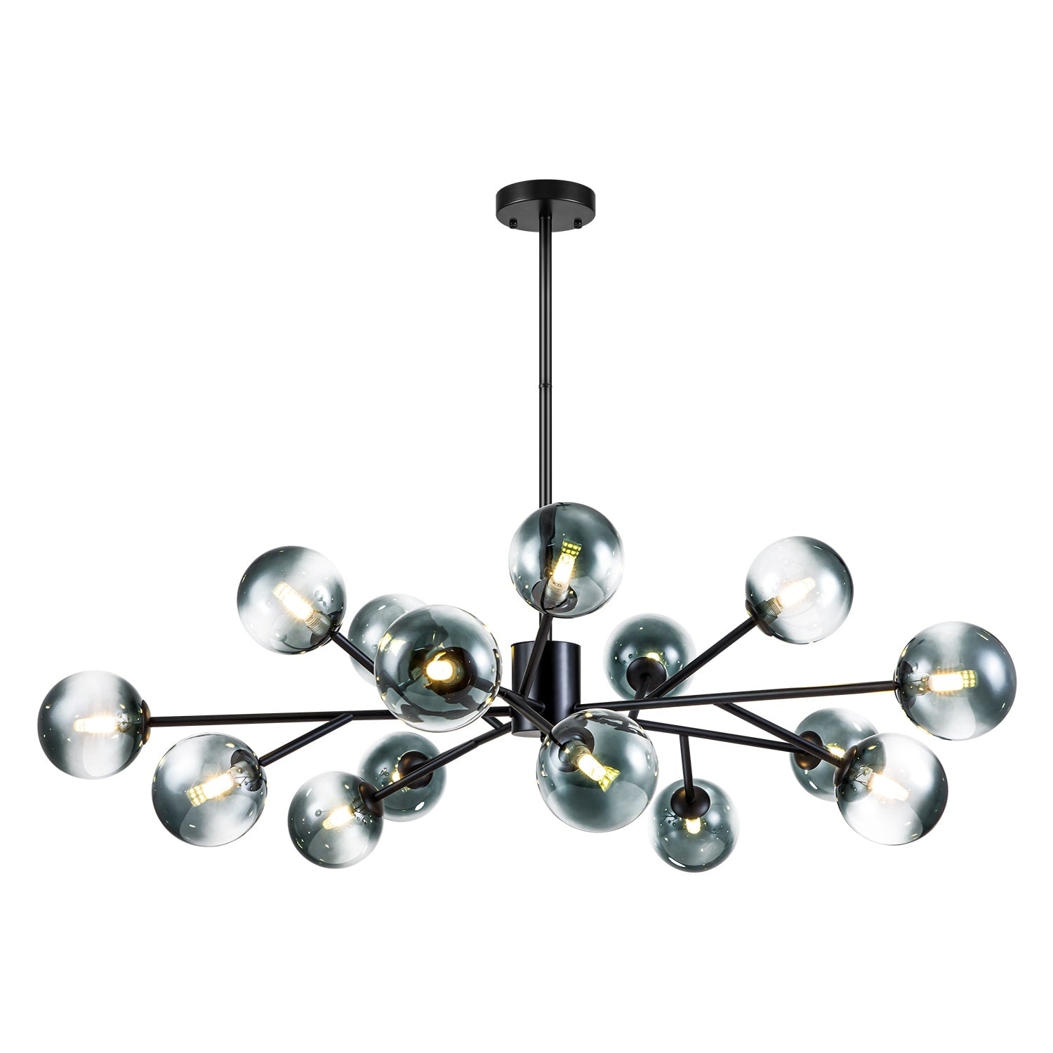 Lustre linéaire moderne à 15 lumières pour îlot de cuisine Sputnik, composé de branches et de bulles en verre