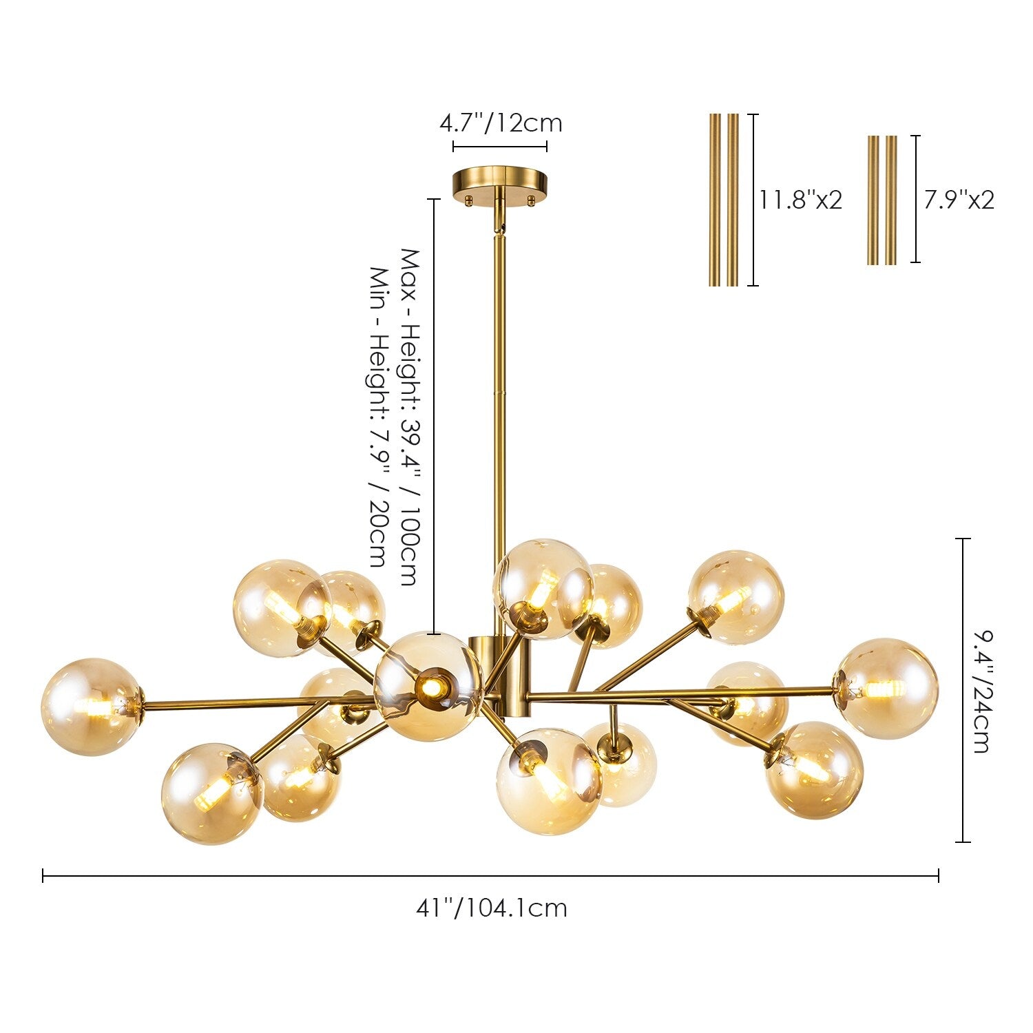 Lustre linéaire moderne à 15 lumières pour îlot de cuisine Sputnik, composé de branches et de bulles en verre