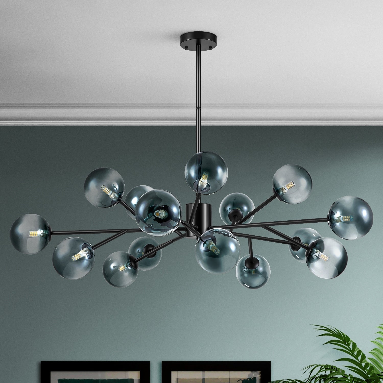Lustre linéaire moderne à 15 lumières pour îlot de cuisine Sputnik, composé de branches et de bulles en verre