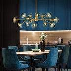 Lustre linéaire moderne à 15 lumières pour îlot de cuisine Sputnik, composé de branches et de bulles en verre