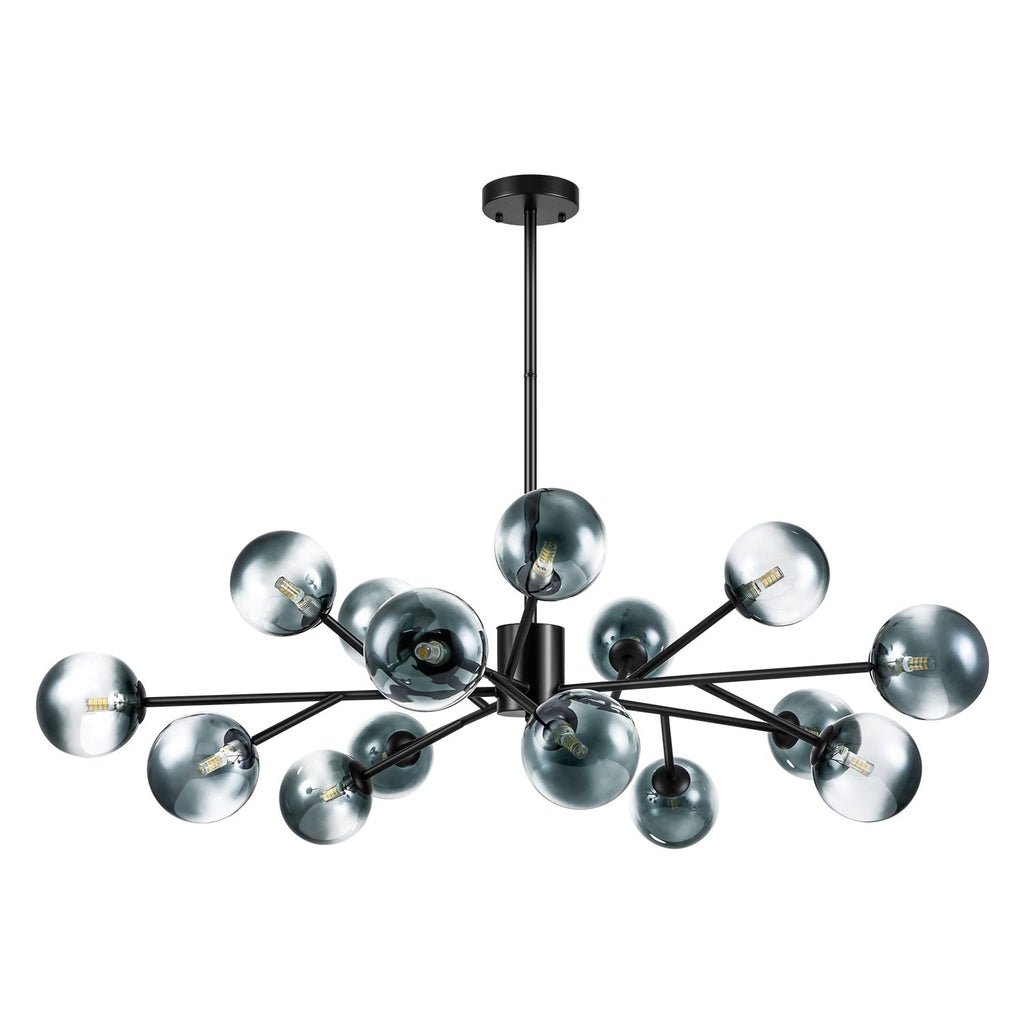 Lustre linéaire moderne à 15 lumières pour îlot de cuisine Sputnik, composé de branches et de bulles en verre