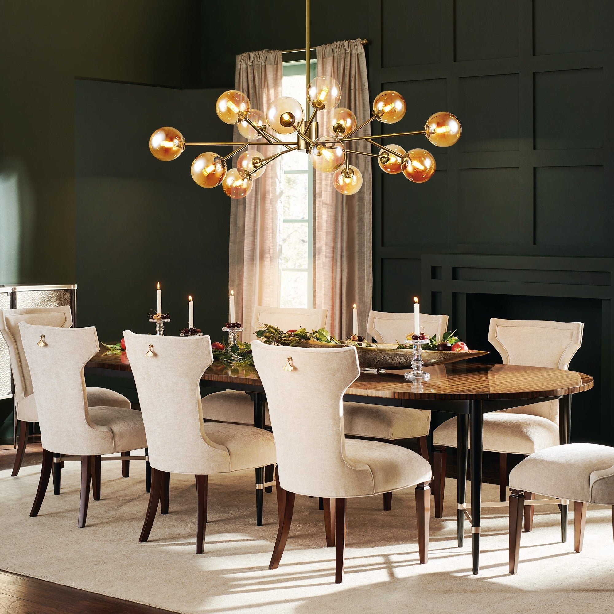 Lustre linéaire moderne à 15 lumières pour îlot de cuisine Sputnik, composé de branches et de bulles en verre