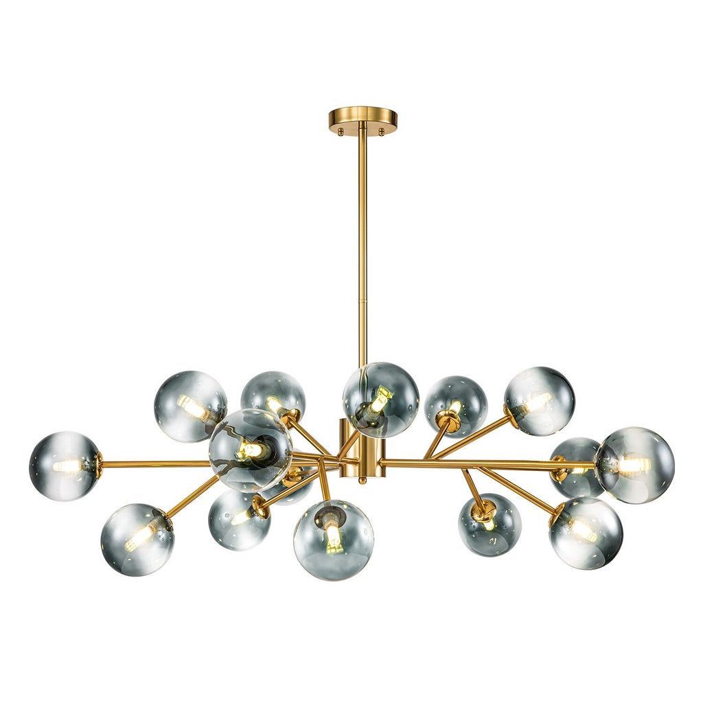 Lustre linéaire moderne à 15 lumières pour îlot de cuisine Sputnik, composé de branches et de bulles en verre