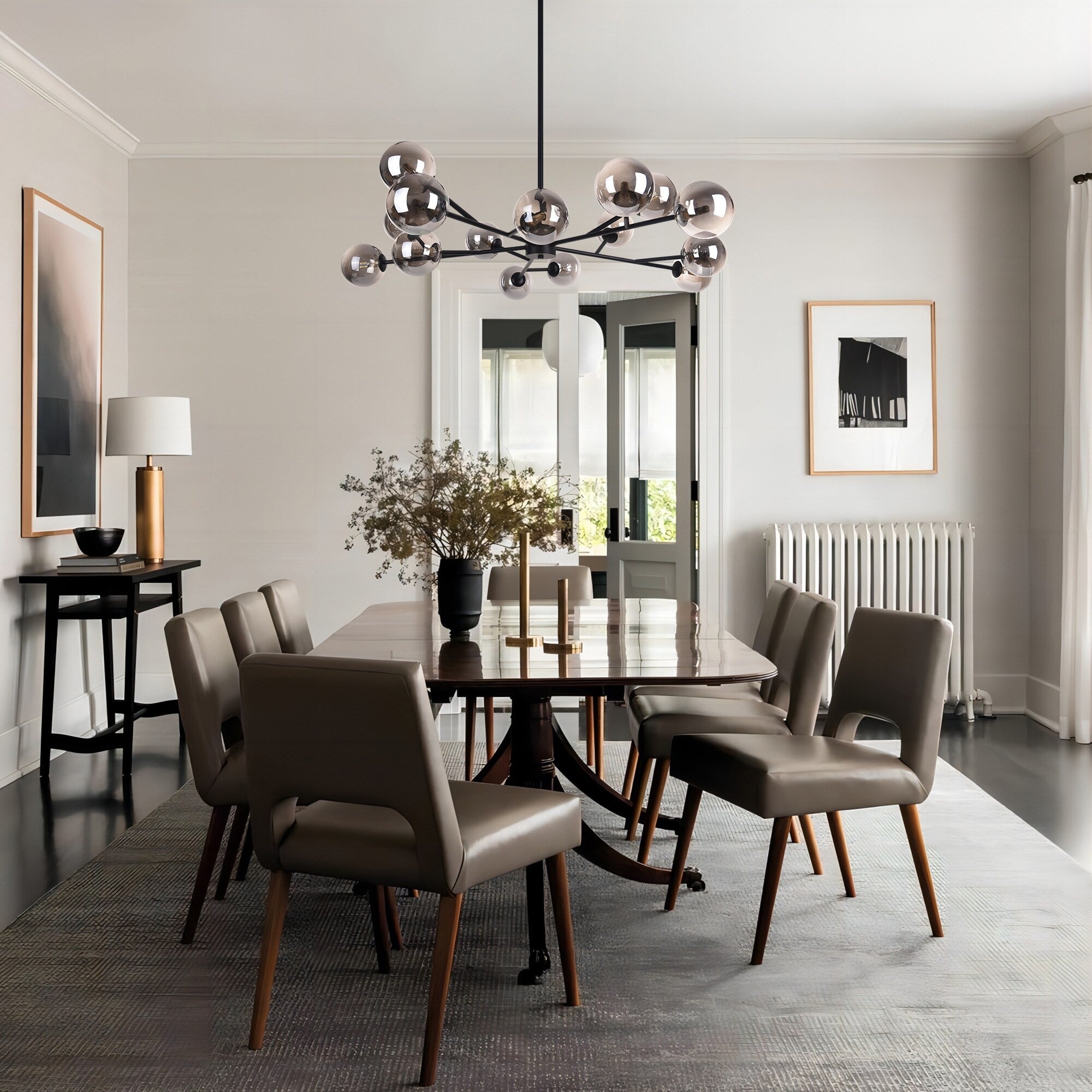 Lustre linéaire moderne à 15 lumières pour îlot de cuisine Sputnik, composé de branches et de bulles en verre