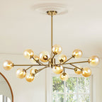Lustre linéaire moderne à 15 lumières pour îlot de cuisine Sputnik, composé de branches et de bulles en verre