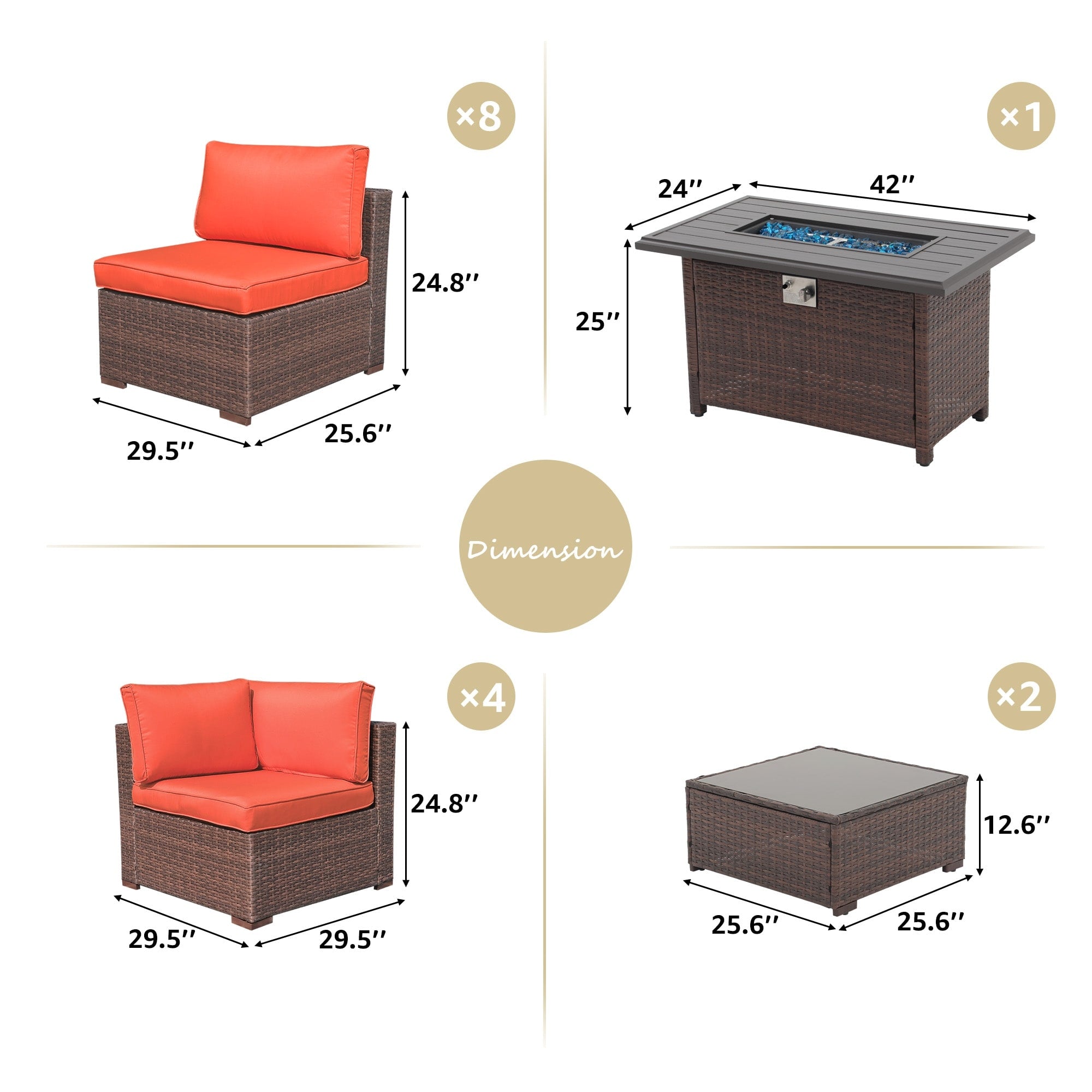 Ensemble de 15 meubles de patio en osier avec canapé, foyer et table