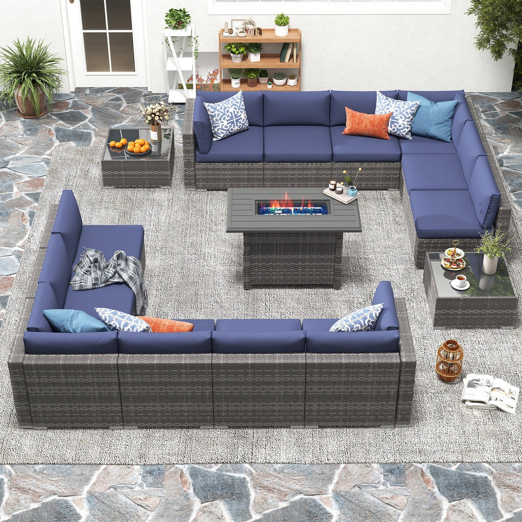 Ensemble de 15 meubles de patio en osier avec canapé, foyer et table