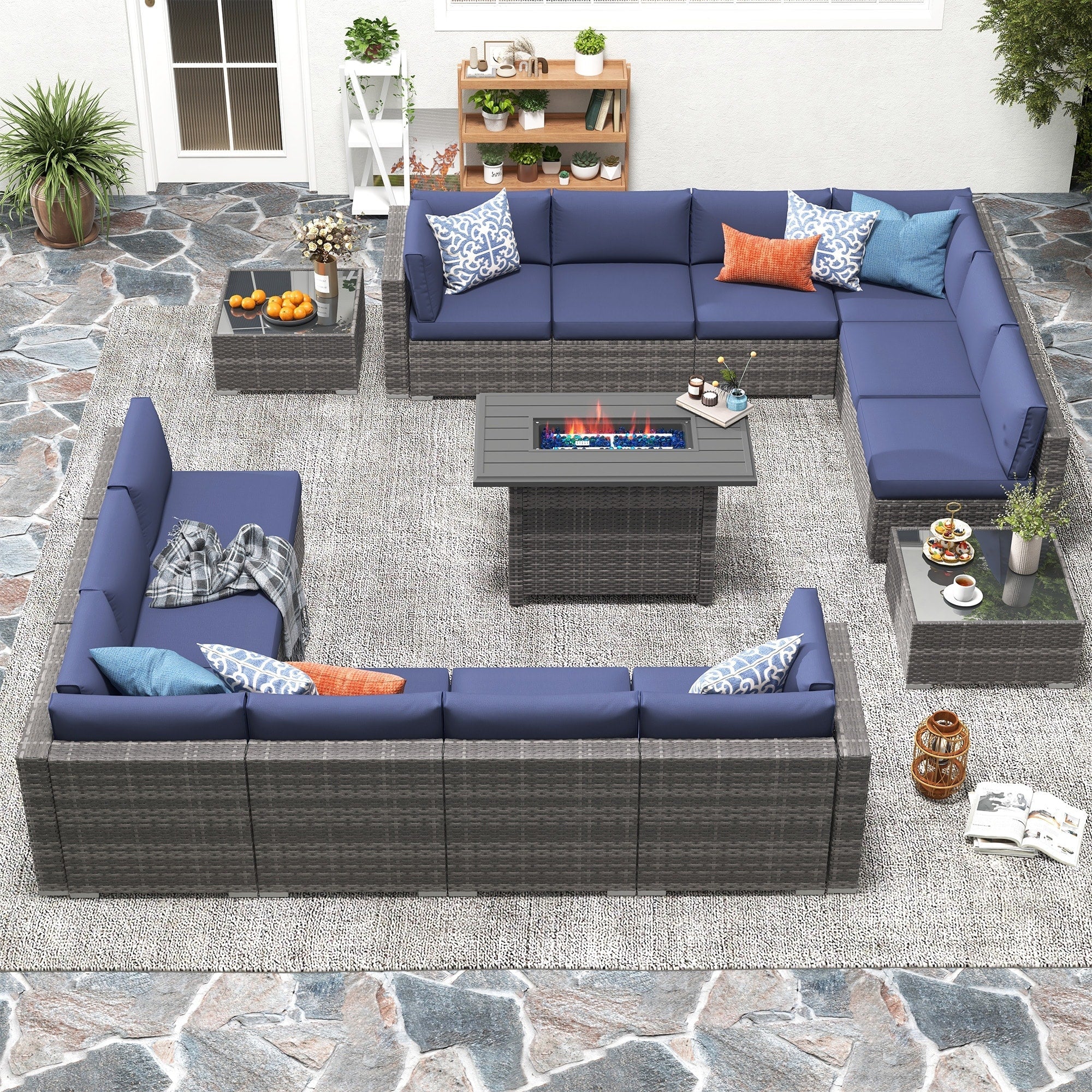 Ensemble de 15 meubles de patio en osier avec canapé, foyer et table